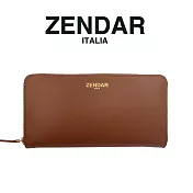 【ZENDAR】臺灣總代理 限量1折 頂級小牛皮素面LOGO拉鍊皮夾 莉亞系列 全新專櫃展示品 琥珀色