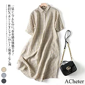【ACheter】 日系優雅經典格紋棉麻洋裝# 113009 XL 棕色