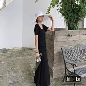 【Jilli~ko】韓國風休閒寬鬆繫帶收腰圓領T恤連衣裙 J9125  FREE 黑色