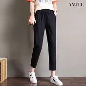 【AMIEE】高腰顯瘦9分休閒褲(KDP-0633) 2XL 黑色