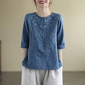 【慢。生活】夏季文藝復古刺繡寬鬆七分袖棉麻上衣 888 FREE 藍色