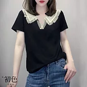【初色】蕾絲翻領撞色短袖T恤上衣-黑色-62536(M-2XL可選) L 黑色