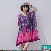 潘克拉 | 泰國曼陀羅印花撞色夏季涼感縲縈束腰長衫 TM1372  FREE 紫色