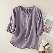 【ACheter】 文藝棉麻五分袖寬鬆襯衫短版上衣# 113407 L 紫色