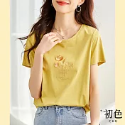 【初色】流蘇繡花圓領短袖T恤上衣-共2色-62549(M-2XL可選) XL 黃色