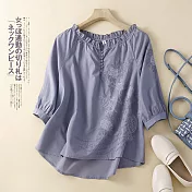 【ACheter】 秋裝新品棉麻刺繡顯瘦長袖寬鬆短版上衣# 113536 M 紫色