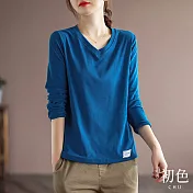 【初色】素色V領寬鬆長袖T恤上衣-共5色-63398(M-2XL可選) 2XL 藍色