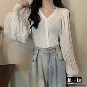 【Jilli~ko】韓系新款V領雪紡燈籠袖拼接針織衫 J9171  FREE 白色