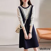 【MsMore】 秋季新款藏藍時尚顯瘦空氣層假兩件圓領條紋長袖直筒寬鬆長版洋裝# 113811 M 藏青色