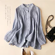 【慢。生活】復古文藝棉麻大碼寬鬆圓領刺繡襯衫 2202  FREE 藍色