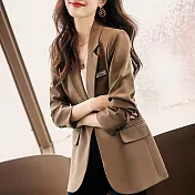 【MsMore】 韓版OL時尚休閒長袖寬鬆西服中長版外套# 113753 M 咖色