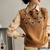 【MsMore】 秋新款藝術感小花朵時髦羊絨感無袖百搭短版針織背心上衣# 113809 FREE 駝色