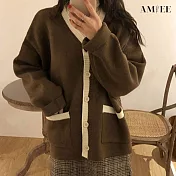 【AMIEE】慵懶復古撞色V領毛衣外套(KDC-0909) F 棕色