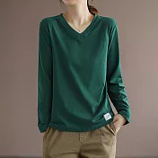 【ACheter】 V領純色百搭長袖t恤大碼寬鬆顯瘦簡約中長上衣 # 113934 XL 綠色