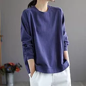 【ACheter】 圓領純色百搭長袖t恤大碼寬鬆顯瘦簡約中長上衣 # 113935 L 藍色