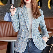 【MsMore】 秋冬新款小香風氣質雙排扣長袖寬鬆短版西裝毛呢外套大衣 # 113702 XL 藍色