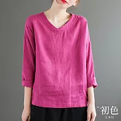 【初色】素色V領棉麻風T恤上衣-共4色-63759(M-2XL可選) 2XL 紫紅色