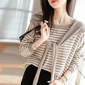 【MsMore】 海軍風條紋披肩2件套柔軟圓領長袖短版寬鬆針織上衣# 113638 FREE 駝色