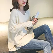 【MsMore】 秋冬新款韓版寬鬆慵懶風套頭毛衣長袖圓領寬鬆針織中長版上衣# 113877 FREE 米白