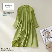 【ACheter】 優雅法式亞麻感襯衫粉嫩長袖可攀寬鬆長版洋裝# 114028 M 橄欖綠
