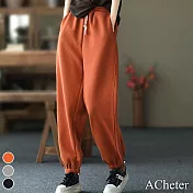 【ACheter】 秋冬新款復古純色加絨加厚鬆緊高腰束腳休閒運動長褲# 114029 XL 橘色