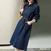 【MsMore】 百貨專櫃緹花百搭新款長袖收腰繫帶全開襟長版A字裙牛仔洋裝# 114083 M 藍色