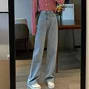 【MsMore】 復古藍直筒闊腿牛仔褲寬鬆高腰垂感顯瘦拖地長褲 # 114047 M 藍色