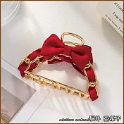 『坂井.亞希子』日系優雅氣質金屬鏈條緞帶蝴蝶結造型抓夾 -紅色