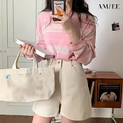 【AMIEE】設計感彩色條紋長袖T恤(KDT-8503) M 粉色