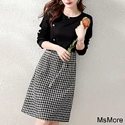 【MsMore】 韓版圓領休閒長袖寬鬆拼接格子修身顯瘦連身長版洋裝# 114249 2XL 黑色