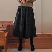 【AnZa】日系格子毛呢厚款保暖八分寬褲闊腿褲休閒褲長褲(2色) XL 深灰格子
