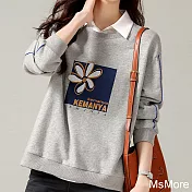 【MsMore】 休閒印花氣質圓領印花圖案設計感長袖顯瘦寬鬆短版上衣# 114393 M 灰色