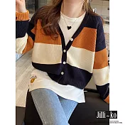 【Jilli~ko】法式新款V領條紋設計感寬鬆針織開衫 J9671  FREE 深藍色