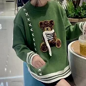 【MsMore】 韓版聖誕新年風寬鬆套頭小熊毛衣長袖百搭少女針織衫圓領中長版上衣 # 114455 FREE 綠色