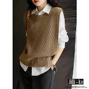 【Jilli~ko】日系時尚側開扣圓領坑條疊穿針織馬甲 J9702  FREE 卡其色