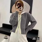 【Jilli~ko】韓版溫柔風雙拉鍊撞色短款連帽針織衫 J9727  FREE 灰色