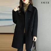【AMIEE】簡約顯瘦修身毛呢外套(KDCQ-2143) L 黑色