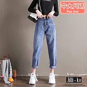 【Jilli~ko】高腰寬鬆顯瘦直筒老爹九分牛仔褲 L-XXL J9855 XL 藍色