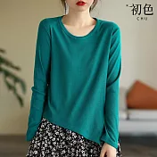 【初色】薄款下擺開衩圓領T恤上衣-共6色-64454(M-2XL可選) M 藍綠色