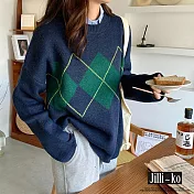 【Jilli~ko】經典學院風圖案落肩針織衫 6361  FREE 深藍色
