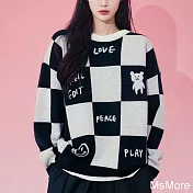 【MsMore】 韓國設計師棋盤格圓領毛衣寬鬆黑白拼色長袖格子針織衫中長上衣# 114870 FREE 格子