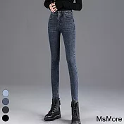 【MsMore】 高腰高彈牛仔褲緊身顯瘦鉛筆360度塑型小腳激瘦長腿馬靴褲# 114878 XL 湖藍