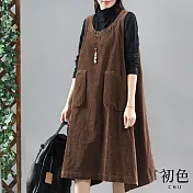 【初色】復古寬鬆素色圓領口袋燈芯絨無袖休閒洋裝-共3色-64468(M-2XL可選) L 褐色