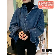 【Jilli~ko】韓版大碼設計感寬版復古牛仔襯衫 J9884 FREE 深藍色