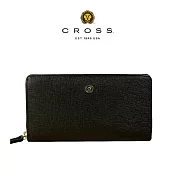 【CROSS】台灣總經銷 限量1折 頂級小牛皮防刮十字紋拉鍊長夾 奧莉薇系列 全新專櫃展示品 黑色