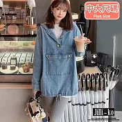 【Jilli~ko】工裝設計口袋寬鬆牛仔套頭連帽衛衣 J9898  FREE 淺藍色