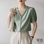 【初色】文藝V領輕薄泡泡袖襯衫上衣-共5色-62790(M-2XL可選) M 豆綠色