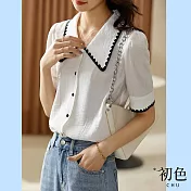 【初色】花邊娃娃領短袖襯衫上衣-共2色-62371(M-XL可選) M 白色