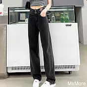 【MsMore】 新款皮牌褲直筒牛仔垂感雙扣寬版高腰顯瘦闊腿長褲# 115670 2XL 黑灰