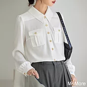 【MsMore】 輕奢定制百搭實穿工藝日本設計知性長袖襯衫短版上衣# 115601 XL 白色